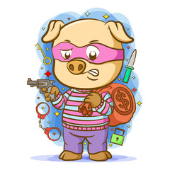 The thief pig use the pink mask holding the gun and bring sack of money