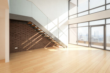 Empty Contemporary Penthouse Mansarde with Stairs - 3d visualization