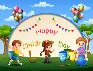 Obraz na płótnie Canvas Children's day background poster with happy kids playing