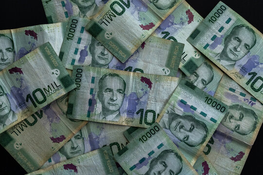 Close up view of the Costa Rica currency CSC 10 000 Colones money