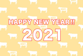 2021　年賀状　たくさん並ぶ牛のシルエットの年賀状　白抜き