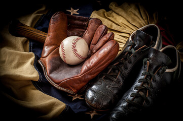 Vintage, antique baseball equipment on American flag bunting - 384924241