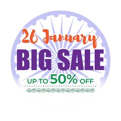 Vector banner of Republic day Big Sale, upto 50% off, 26 january, national holiday of India, ashoka chakra, offer banner template for website.