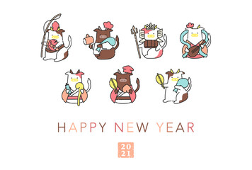 2021 日本の新年を祝う牛の七福神の年賀状用テンプレート　ベクターファイル　おしゃれ　可愛い