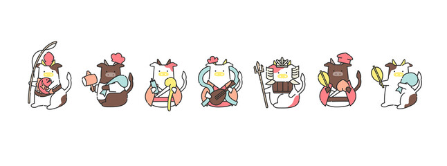 2021 日本の新年を祝う牛の七福神のイラスト　ベクターファイル　おしゃれ　可愛い