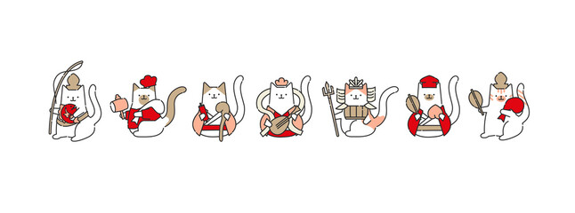 21 日本の新年を祝う可愛い猫の七福神の年賀状用テンプレート ベクターファイル おしゃれ Wall Mural Shirokuma Design