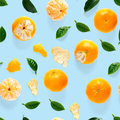 Mandarine seamless pattern, tangerine, clementine isolated on blue background with green leaves. Collection of fine seamless patterns.
