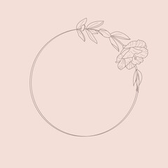 Circle frame of Lisianthus Flowers and branches. Round icon in a trendy minimalistic linear style. Vector Floral logo.