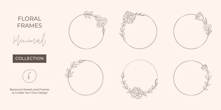 Set Frame Of Lisianthus Flowers And Branches. Round Icon In A Trendy Minimalistic Linear Style. Vector Floral Logo.