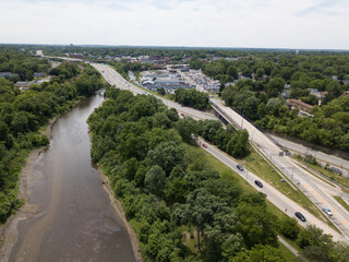 Cuyahoga River in Cuyahoga Falls, Ohio aerial photography - obrazy, fototapety, plakaty