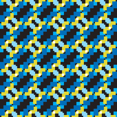 Vector seamless pattern texture background with geometric shapes, colored in blue, black, yellow, white colors.