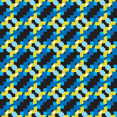 Vector seamless pattern texture background with geometric shapes, colored in blue, black, yellow, white colors.