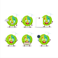 Cartoon character of green marbles with various chef emoticons
