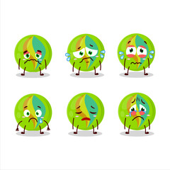 Green marbles cartoon character with sad expression