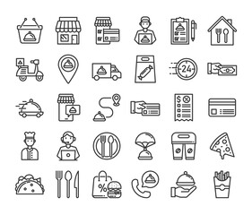 Food delivery line icons. Vector illustration included icon. Line icon set of food delivery services elements. Chef cooking. 64x64 Pixel Perfect. vector illustration.