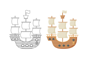 sketch of a sailboat, ship, coloring book, isolated object on a white background
