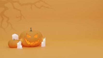 Halloween 3d banner. Pumpkins and candles on orange background. 3d illustration with spooky woods. 
