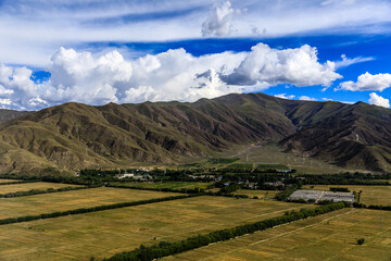 Aerial view of mountain and clouds scenery in Tibet,China.