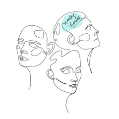 Mental Health For Women. One Line Drawing of Three Human Heads With Quote In Brain. Vector Illustration For Therapist And Psychologist