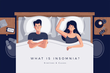 Insomnia vector illustration with a couple lying in bed together. Relationship problem or sleep disorder concept. Unhappy man and woman characters in night bedroom. Space for text. Flat cartoon style