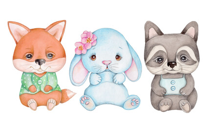  Watercolor hand drawn sketch, illustration, icon. Isolated on white  background.  Fox. raccoon, hare rabbit.