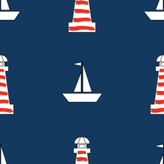 Plakat lighthouse and Ship seamless pattern on blue background