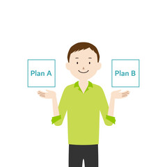 Illustration of a man comparing two plans (choices)