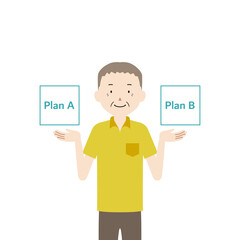 Illustration of a senior man comparing two plans (choices)