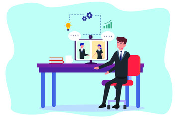Meeting online vector concept: Business team doing meeting on video conference together
