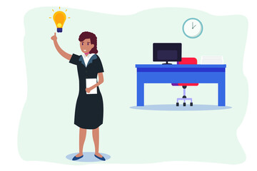 Getting idea vector concept: Young businesswoman getting idea with light bulb in the office while raising hand 