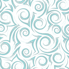 Geometric seamless pattern of flowing blue waves of spirals and curls on a white background.Sea or ocean stylized waves or ripples on the water.