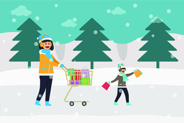 Shopping in winter sale vector concept: Young mother and her son carrying shopping bags on cart in winter season