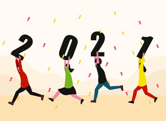 Happy new year vector concept: Group of teenagers carrying numbers of 2021 while running together and celebrating new year 