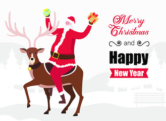 Happy new year and christmas vector concept: Santa claus rides on reindeer with words of merry christmas and happy new year