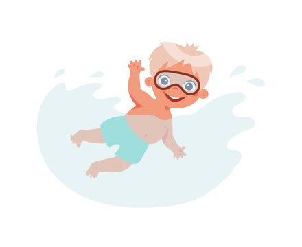 The boy swims in the sea. Swimmer in the classroom in the pool. The concept of a healthy lifestyle, seaside recreation, sports, hobbies. Cartoon vector illustration isolated on white background
