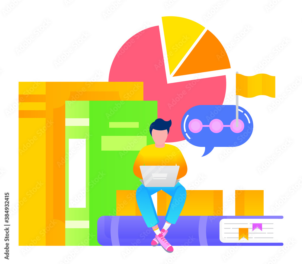 Poster guy sitting on stack of books and studying online. teenager learning educational material using lapt