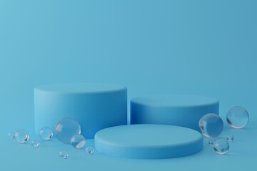 Three cylindrical geometric mockups of the podium on bright blue colored background with round glass balls on the floor. Minimalistic trendy style for cosmetics advertising. 3d render illustration.