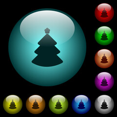 Christmas tree icons in color illuminated glass buttons