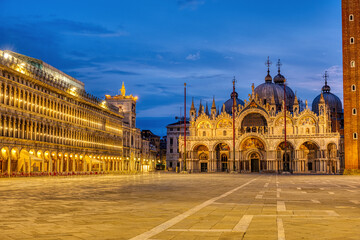 The famous Piazza San Marco in Venice with the cathedral at dawn
