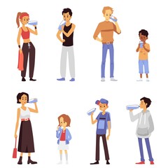 Fototapeta premium Cartoon people drinking water - isolated set of men, women and children
