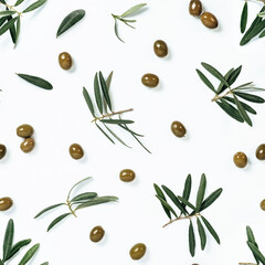 Seamless pattern with green olives and olives tree leaves and branches on white background. Olive...