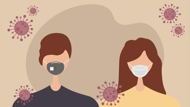 Young male and female character with protective mask, prevention spread coronavirus covid 19 simple animation