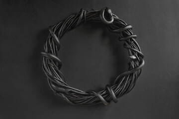Gloomy dark background with a wreath for Halloween. Black snakes on a wreath of twigs. © Darina Saukh