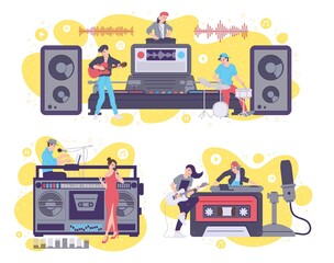 Fototapeta premium Music streaming covers set with tiny musicians flat vector illustration isolated.