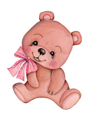 Cute pink teddy bear with red bow. 