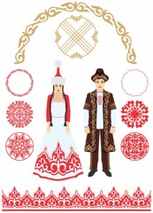 Vector illustration. Beautiful women's and men's Kazakh national costume, with additional ornaments