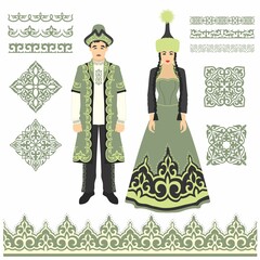 Vector illustration. Beautiful women's and men's Kazakh national costume, with additional ornaments