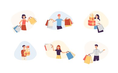 Set of men and women with lot bags and gifts a vector flat illustration