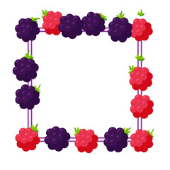 Blackberry and raspberry square frame for banners and designs. Border made of berries. Vector illustration in cute cartoon style