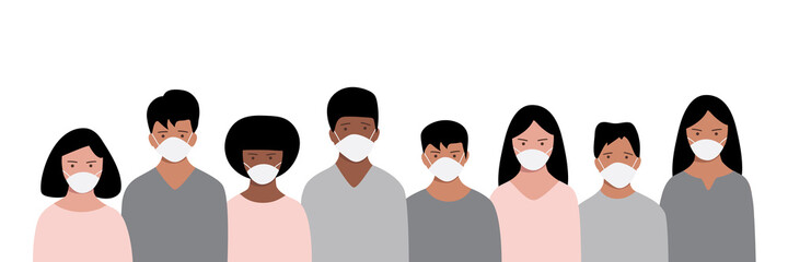 Banner with group of people in protective medical face masks to prevent disease. Сoronavirus (2019-nCoV). Vector